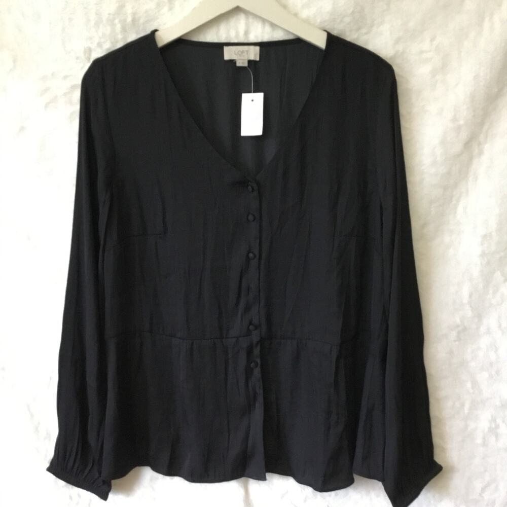 LOFT Black Covered Button Blouse